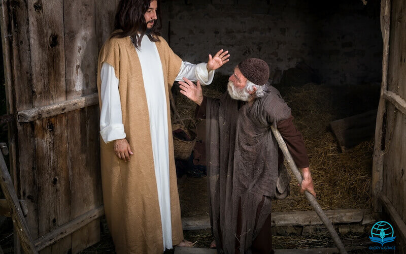 Divine healing showing Jesus praying for a man
