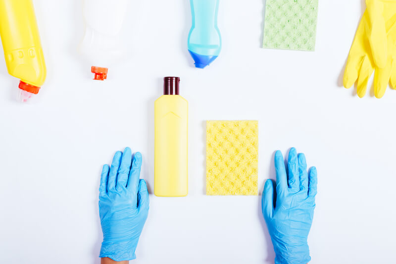 Jehovah Mekaddishkem showing washing gloves, cleaning fluid and sponge