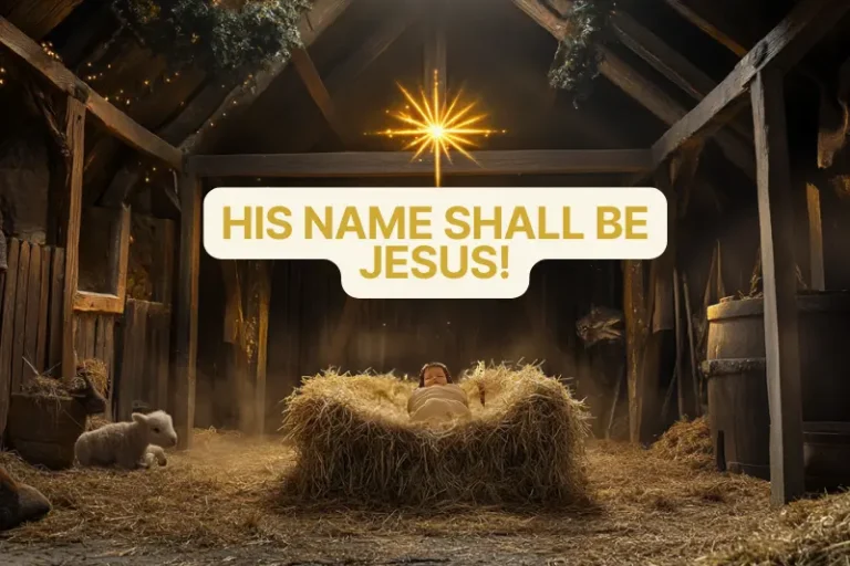 thou shalt call his name jesus showing Jesus in a manger