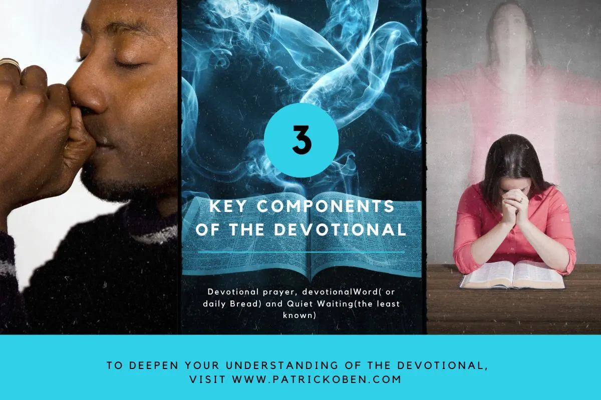 Three components of a devotional showing a man praying , an open bible and a woman praying