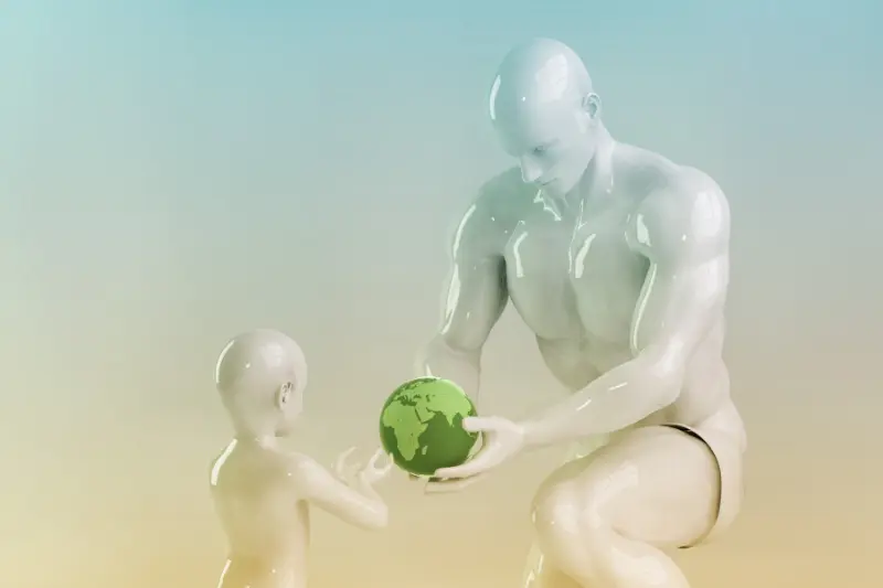 Antichrist and new world order showing the statue of a man handing the world to a child
