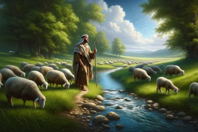 He leadeth me beside still waters showing shepherd and sheep
