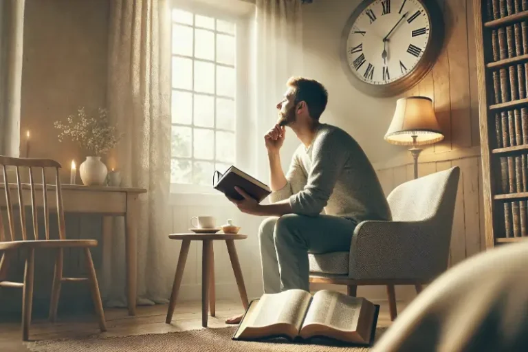 a man sitting in a chair reading a book how long to pray