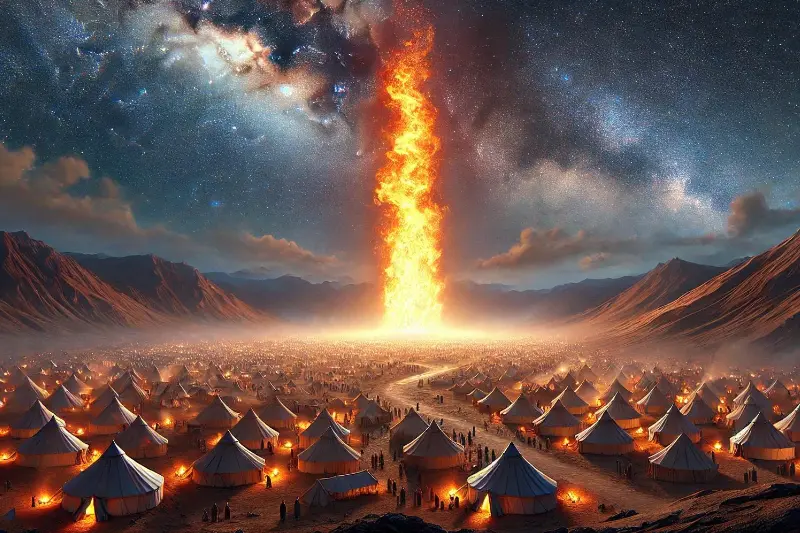 a large group of tents in a desert with a large explosion