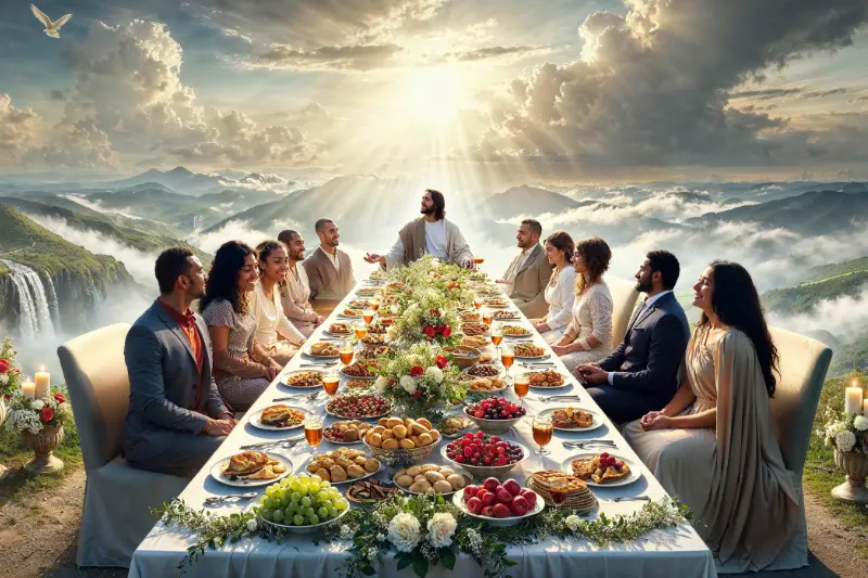 a group of people sitting at a table with food on it