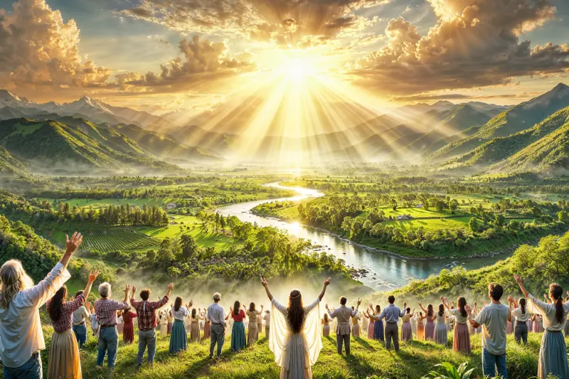 a group of people standing on a hill with their hands up, praising the lord, in a time accepted