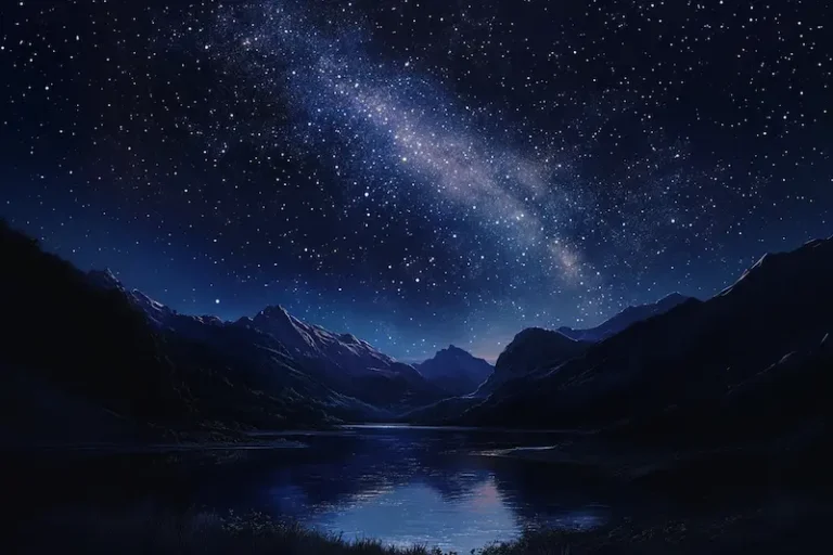 a lake with mountains and stars in the sky. come see the works of God