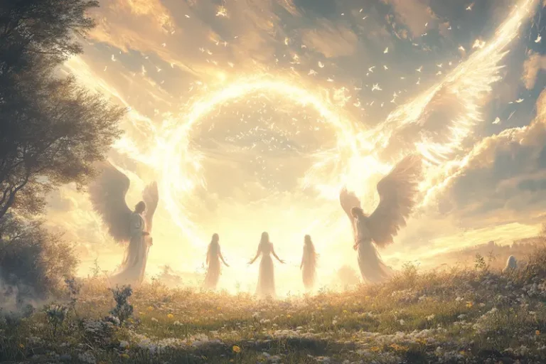 a group of people in white dresses with wings and a circle of light