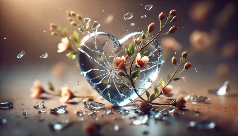 a broken glass heart with flowers