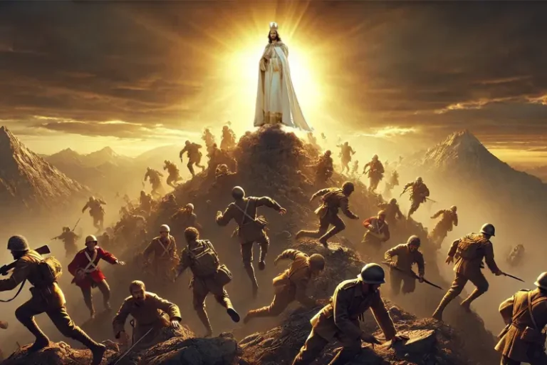 a group of soldiers running towards a man in a white robe. let God arise and his enemies be scattered