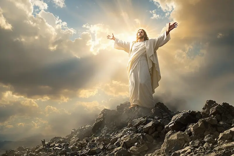 a man standing on a rocky hill with arms outstretched