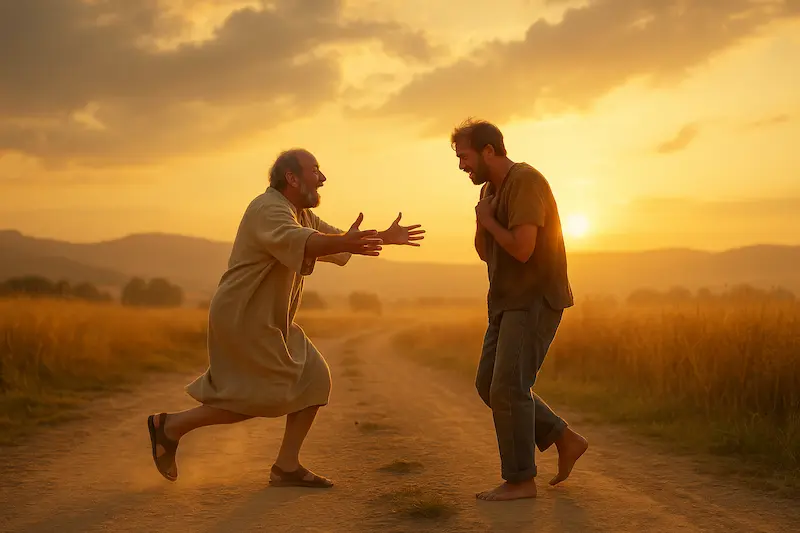 two men running on a dirt road, indicating God delights in mercy